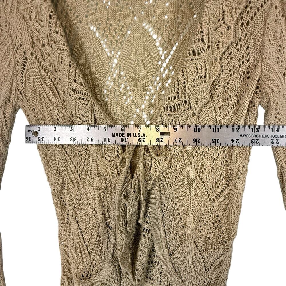 VTG Y2k Crochet Open Knit Tie Front Cardigan Wrapper SIZE MEDIUM Tan USA Ruffle - Picture 7 of 12